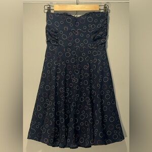 American Eagle Outfitters Strapless Navy Blue Maroon & Cream Circles Fit & Flare